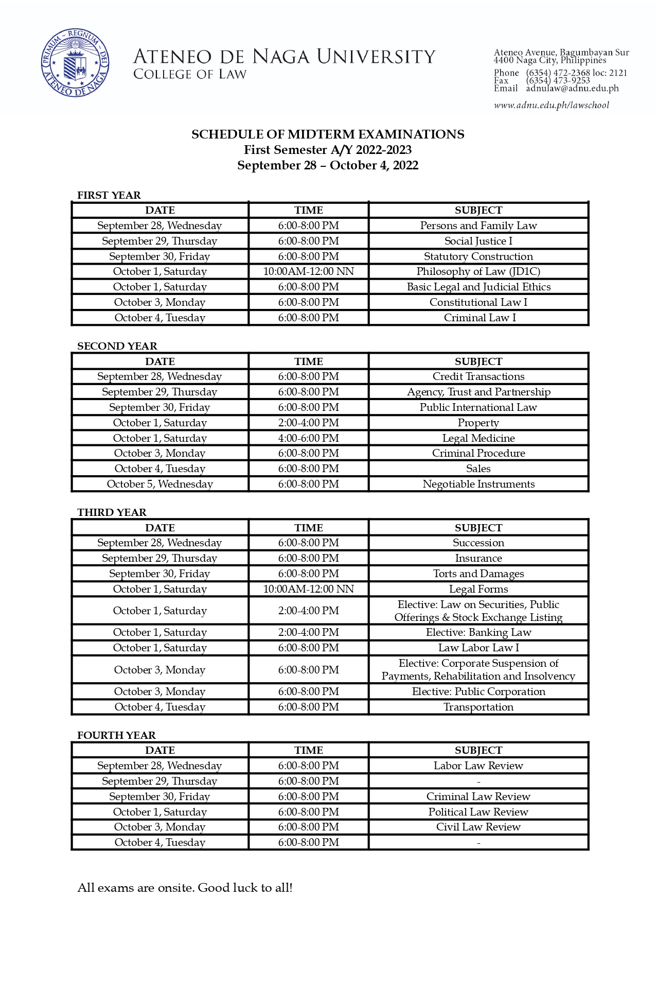 ADNU LAW: SCHEDULE OF MIDTERM EXAMINATIONS FOR 1ST SEMESTER SY2022-2023